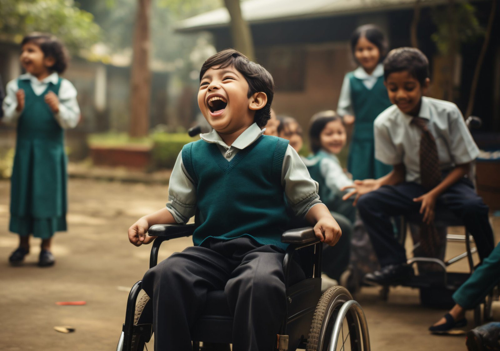 A Indonesian disability kid in student uniform playing with other kids in school yard